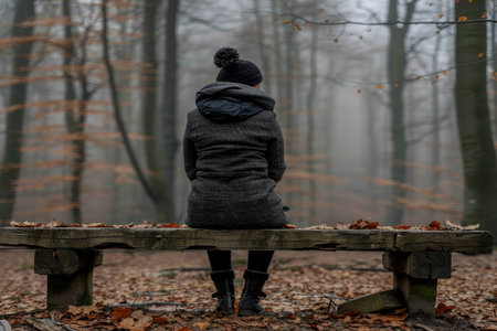 A woman sits on a wooden bench in an autumn park, wearing a warm coat and scarf; she is depicted from the back, side and front; warm, muted tones convey a sense of solitude.の素材