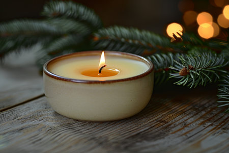 Minimalist Christmas background on wooden table, warm natural light, candles, neutral tones of beige and brown, pine branches, small ornaments, candles, lights, free space for textの素材