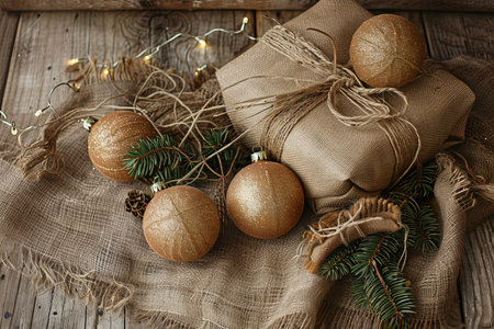 Minimalist Christmas background on wooden table, warm natural light, neutral tones of beige and brown, pine branches, small ornaments, candles, festive lights, gift box, Christmasの素材