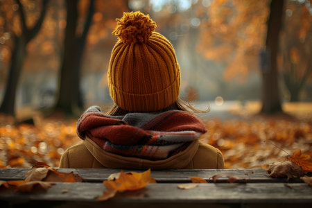 A solitary person sitting on a wooden bench in a late autumn park, fallen leaves on the ground, wearing a warm coat and scarf, soft diffused light, overcast sky, melancholic and introspective atmosphere, realistic high resolution photograph, multiple angles shown in one image ? back view, side view, and front view, blurred background (bokeh), warm muted colors, natural photographic style, capturing loneliness and calm.の素材