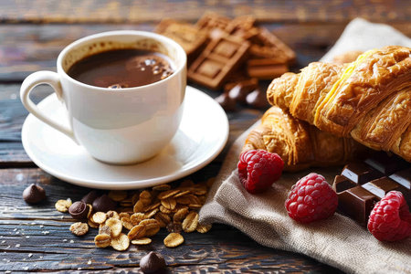 Breakfast, warm natural light, neutral tones of beige and brown, wooden table, cup of cocoa coffee, croissant pastries, fruits, raspberries, cerealsの素材