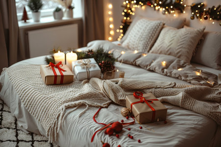 Minimalist Christmas home decor, cozy winter mood, Scandinavian style, neutral beige and brown tones, warm natural light, wooden table with pine branches, candles, small Christmasの素材