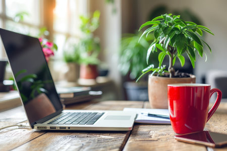 Minimalist home office scene, warm natural light, neutral beige and brown tones. Minimalist home office scene, warm natural light, neutral tones of beige and brown, tidy desk.の素材