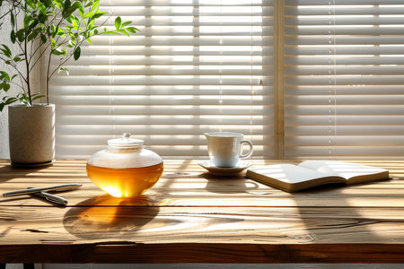 Minimalist home office scene, warm natural light, neutral tones of beige and brown, tidy desk, notebook and pen, cup of tea or coffee, green houseplant.の素材