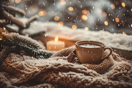Cozy winter scene, soft falling snowflakes, warm natural light, wooden table or windowsill, cup of chocolate or tea, soft blanket, candlelight, pine branches.の素材
