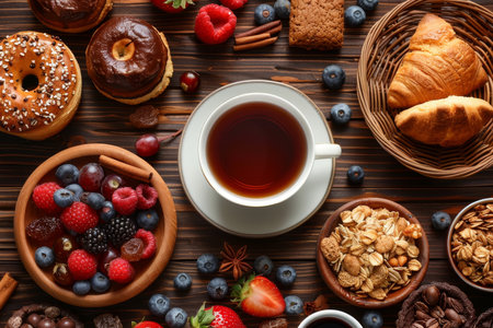 Breakfast, warm natural light, neutral tones of beige and brown, wooden table, cup of tea, pastries, fruit, cereal, neutral plates, realistic photography, cozy atmosphere.の素材