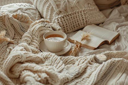 Neutral tones of beige and brown, cozy blanket with book and cup of tea on the bed, dried plant branch, cozy autumn atmosphere.の素材