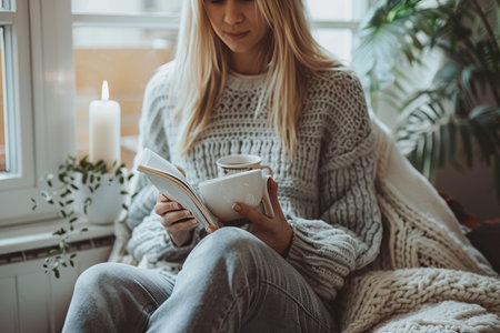 Relaxing indoor scene for mindfulness and self care, warm natural light, neutral beige and brown tones, woman sitting with cup of tea, cozy blanket, journal or book, candlelight, plant on tableの素材