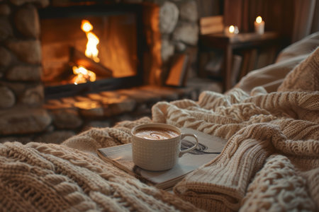 scene with cocoa, fireplace, soft blanket, and warm. Fireplace with a burning fire. Brown duvet with a ceramic mug of coffee, cocoa accompanied by a book, space for textの素材