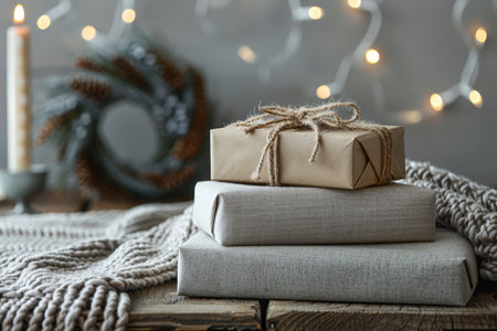 Home decor in neutral tones with warm light and minimalist accents. Close-up, place for text. Gifts stacked on top of each other in eco-friendly paper. In the background, a grayの素材