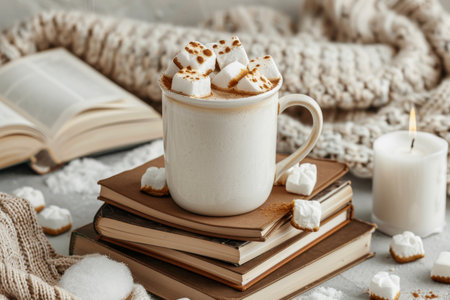 Cozy indoor winter scene with warm light, cocoa, fireplace, and soft textiles for ultimate comfort. Neutral tones of beige and brown, cozy blanket and book, candlelight.の素材