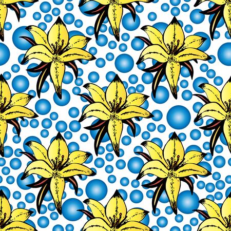 yellow vanilla flowers seamless pattern on a background of blue air bubblesのイラスト素材