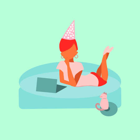 A girl lies on a sofa near her laptop, celebrates her birthday in quarantine, and communicates with friends via video.のイラスト素材