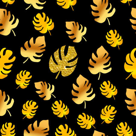 seamless pattern of golden tropical shiny monstera leaves on blackのイラスト素材