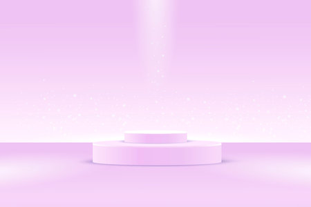 A two-stage catwalk stage, or a platform for a minimalist pastel lilac background, sparkles with glowing particles. Vector round stand for 3d rendering, clean mockupのイラスト素材