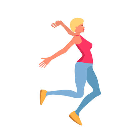 Blond woman with short hair, flat style isolated on white background, runs and is happy. Vector illustrationのイラスト素材