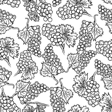 black and white outline seamless grapes pattern vectorのイラスト素材