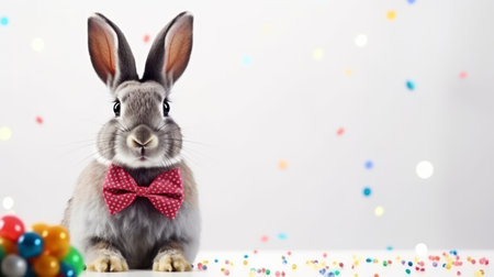 Easter bunny with bow tie and colorful eggs on white background.の素材