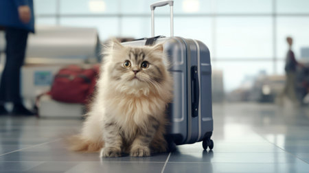Cute persian cat sitting on luggage in airport. Travel conceptの素材
