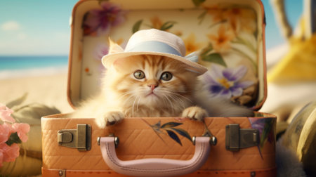Cute little kitten in hat and suitcase on beach, closeupの素材