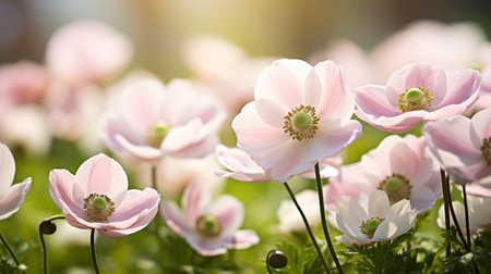 Pink Anemone flowers blooming in the garden. Floral backgroundの素材