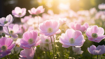 Beautiful pink anemones flowers in the garden, soft focusの素材