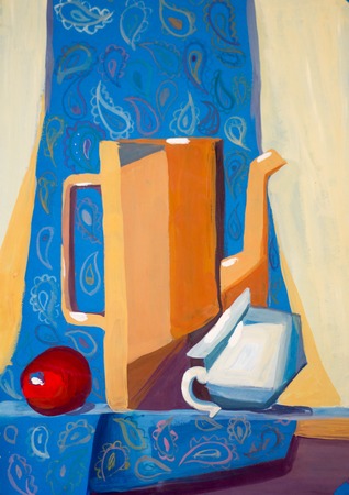 illustration of still life apple, sugar bowl and kettleの写真素材
