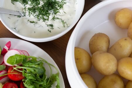 Sauce with fennel , vegetables and boiled potato with skin onの写真素材