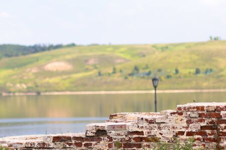 View of brick wall ruins and landscape in Sviyazhsk