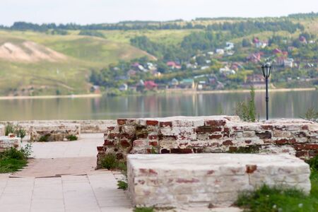 View of brick wall ruins and landscape in Sviyazhskの写真素材