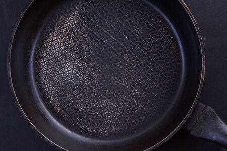 Top view of empty black pan on black background