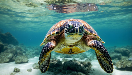 Green sea turtle Chelonia mydas underwater in seaの素材