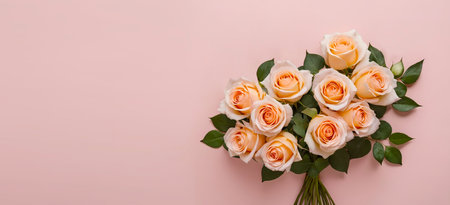 Flat lay roses bouquet on isolated pastel background with copy spaceの素材