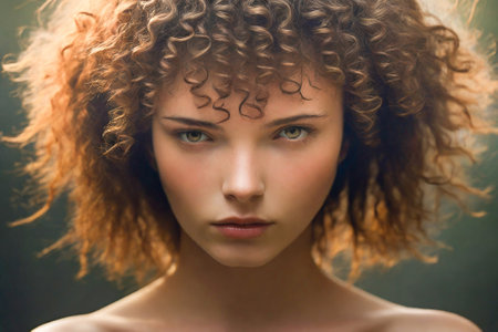 Portrait of young woman with curly hair looking at cameraの素材