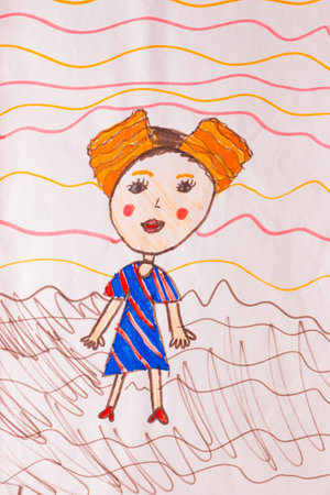 Girl made by child using felt tip pens or markers in childlike styleの写真素材