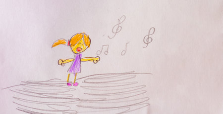 Girl singing drawn by child using pencils on white paperの写真素材