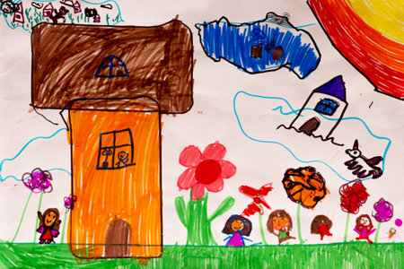 Whimsical houses with habitants using felt tip pens or markers in naive styleの写真素材