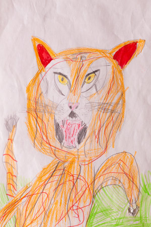 Tiger made by child using pencils in naive styleの写真素材