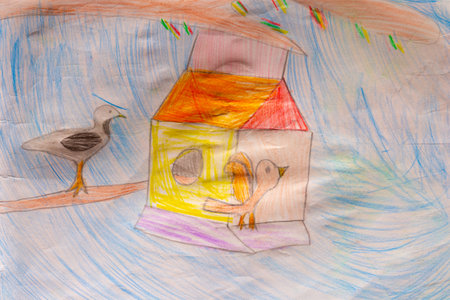 A childs drawing of two birds near a bright yellow birdhouse. One bird is inside while the other stands on a branch. The sky is blue with curved lines, and a tree branch extends from the top.の写真素材