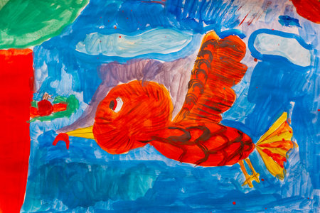 Bird with worm in beak of bird flying to tree to nest made by child using watercolor painting in naive styleの写真素材