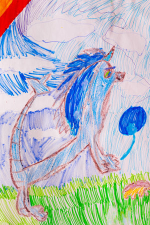 Whimsical animal made by child using pencils in naive styleの写真素材