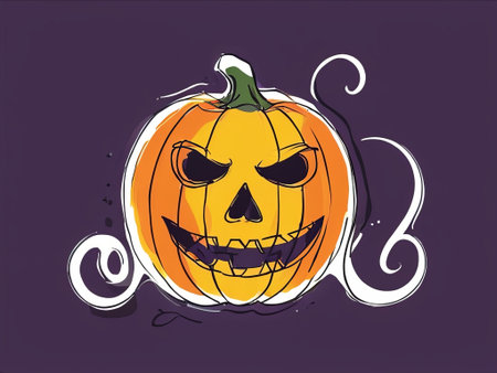 Angry orange pumpkin in single line drawings style on purple backgroundの素材