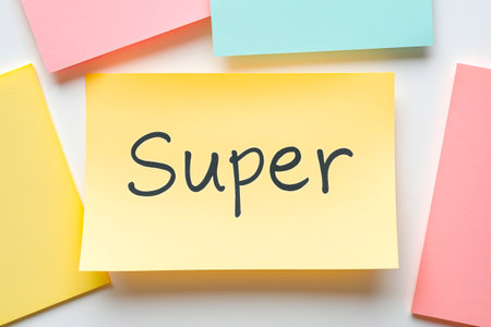 Flat lay of colorful notes with text Super on yellow note on white backgroundの素材