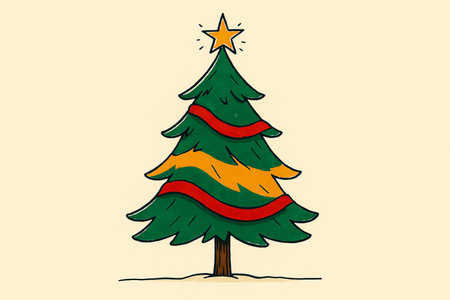 Christmas tree in single line drawings with colorful spots on white backgroundの素材