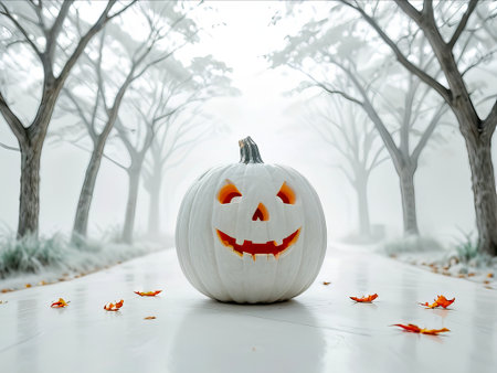 White pumpkin with orange mouth and eyes on white road with trees and leavesの素材