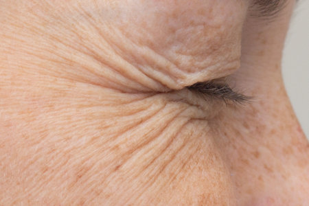 Detailed macro shot of an elderly persons closed eye showing skin texture, fine lines, and wrinklesの写真素材