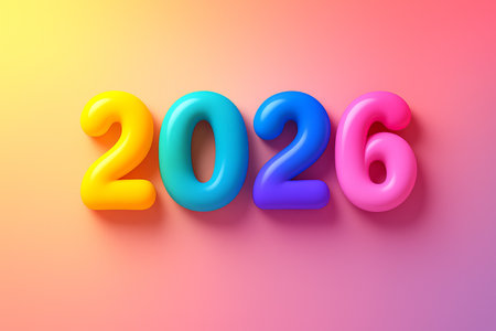 Bright 3D rendering of the year 2026 in vibrant rainbow colors on a gradient backgroundの素材