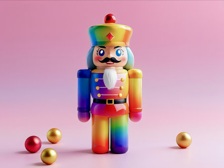 A festive nutcracker figure decorated in rainbow hues, set against a vibrant multicolor background, perfect for holiday and Christmas-themed designsの素材