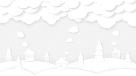 illustration of white paper cut white winter landscape with snow, houses and treesの写真素材