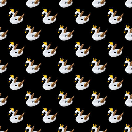 Seamless pattern beach inflatable swan. Pool white inflatable swan for summer beach isolated on black background. Trendy summer concept.の写真素材